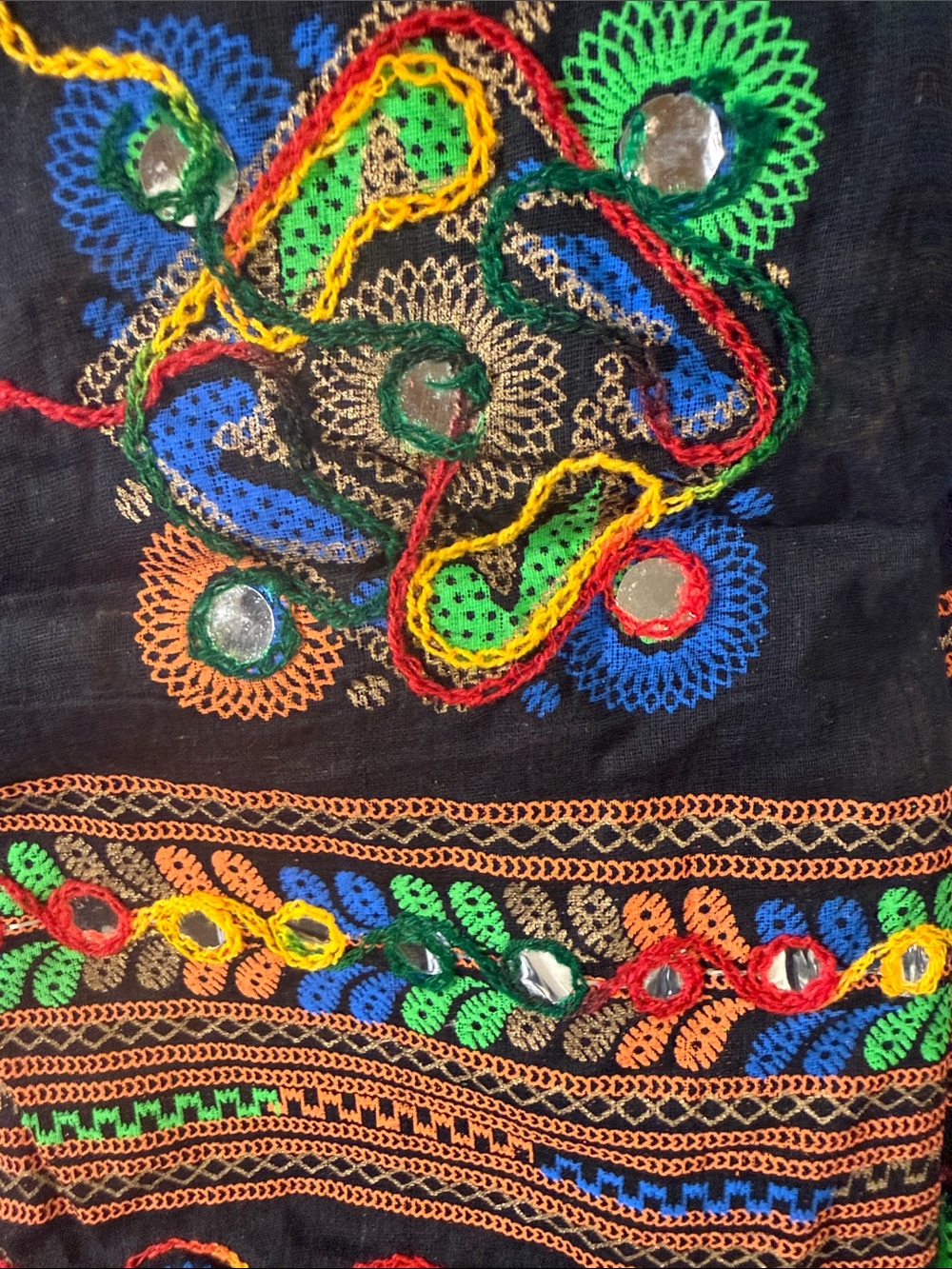 Black Embroidered Boho Maxi Skirt with Multi-Color Accents